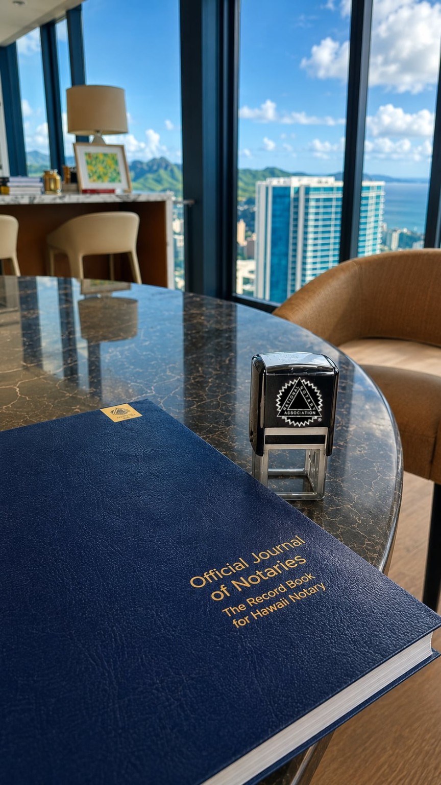 Hawaiʻi notary journal and notary stamp with an Oʻahu view